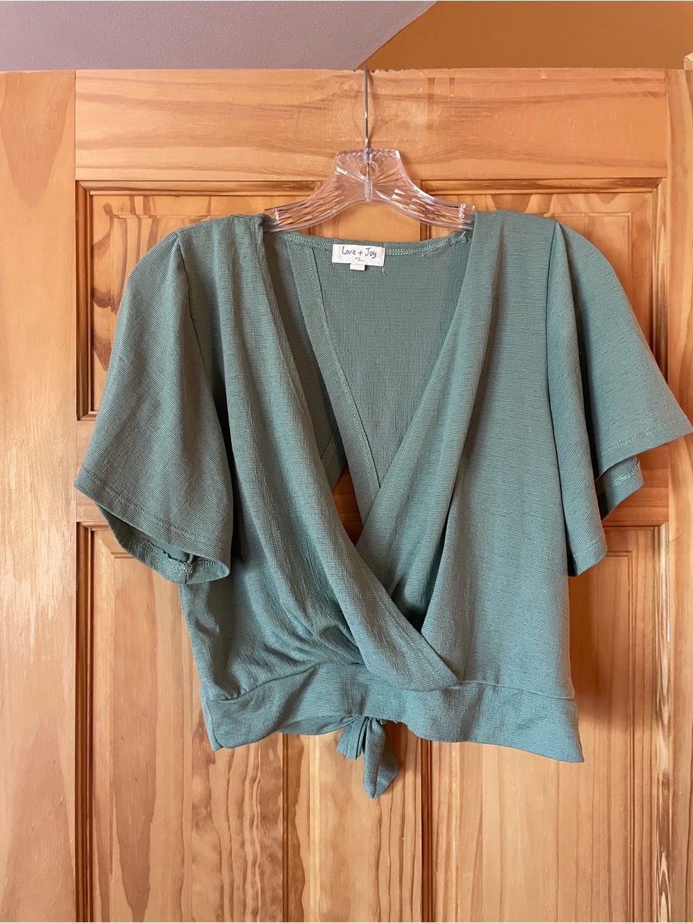Love + Joy Sage Green Wrap Crop Top with Tie Front